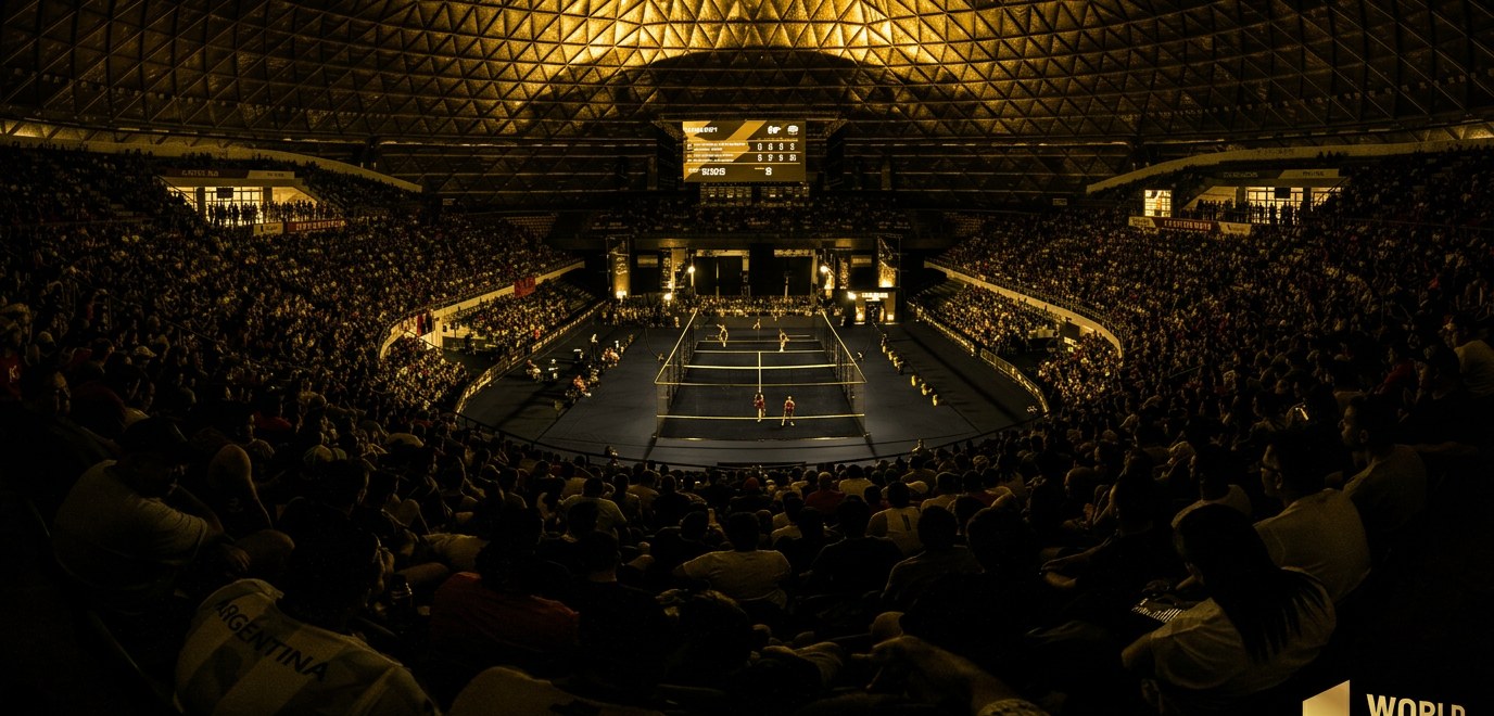 Estadio de pádel colmado con iluminación dorada durante un partido
